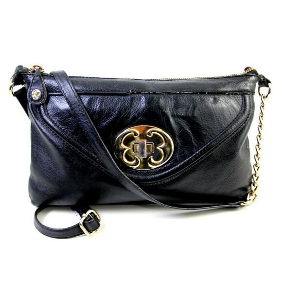EMMA FOX BLACK GENUINE LEATHER CHAIN STRAP CLUTCH X-BODY SHOULDER BAG HANDBAG - Picture 1 of 12